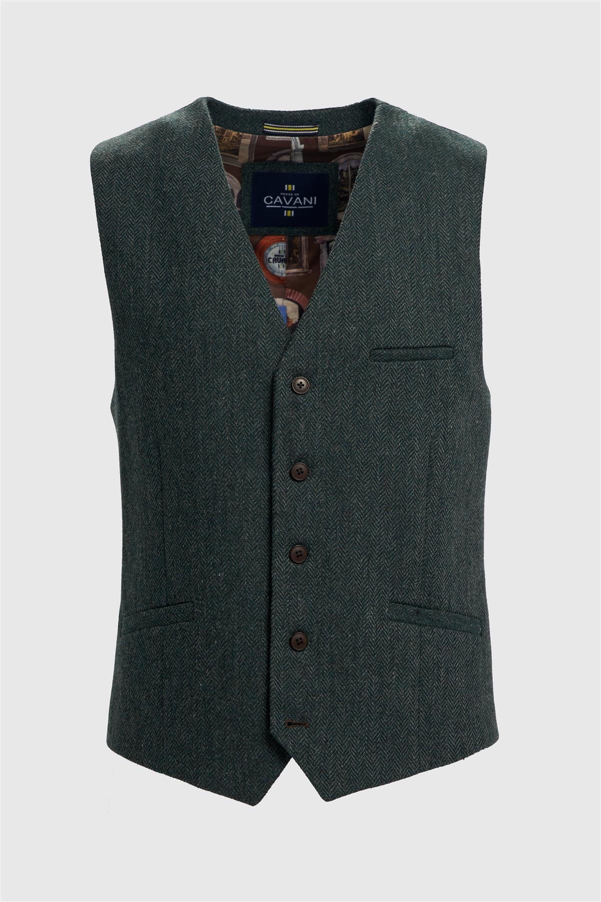 Thomas - Men's Olive Wool Blend Herringbone Tweed Waistcoat