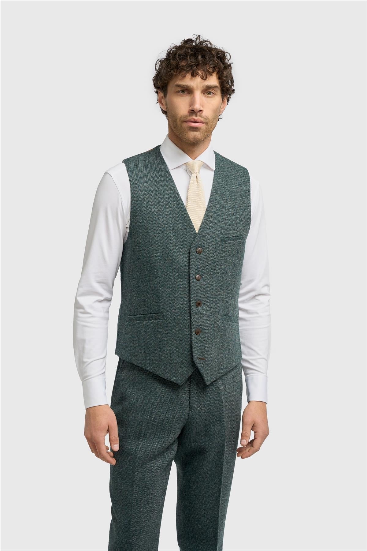 Thomas - Men's Olive Wool Blend Herringbone Tweed Waistcoat