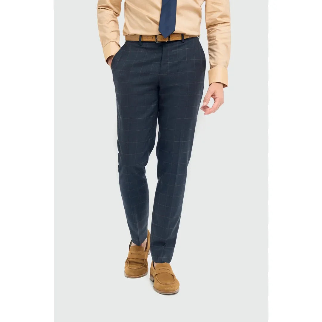 Torino - Men's Navy Check Formal Trousers