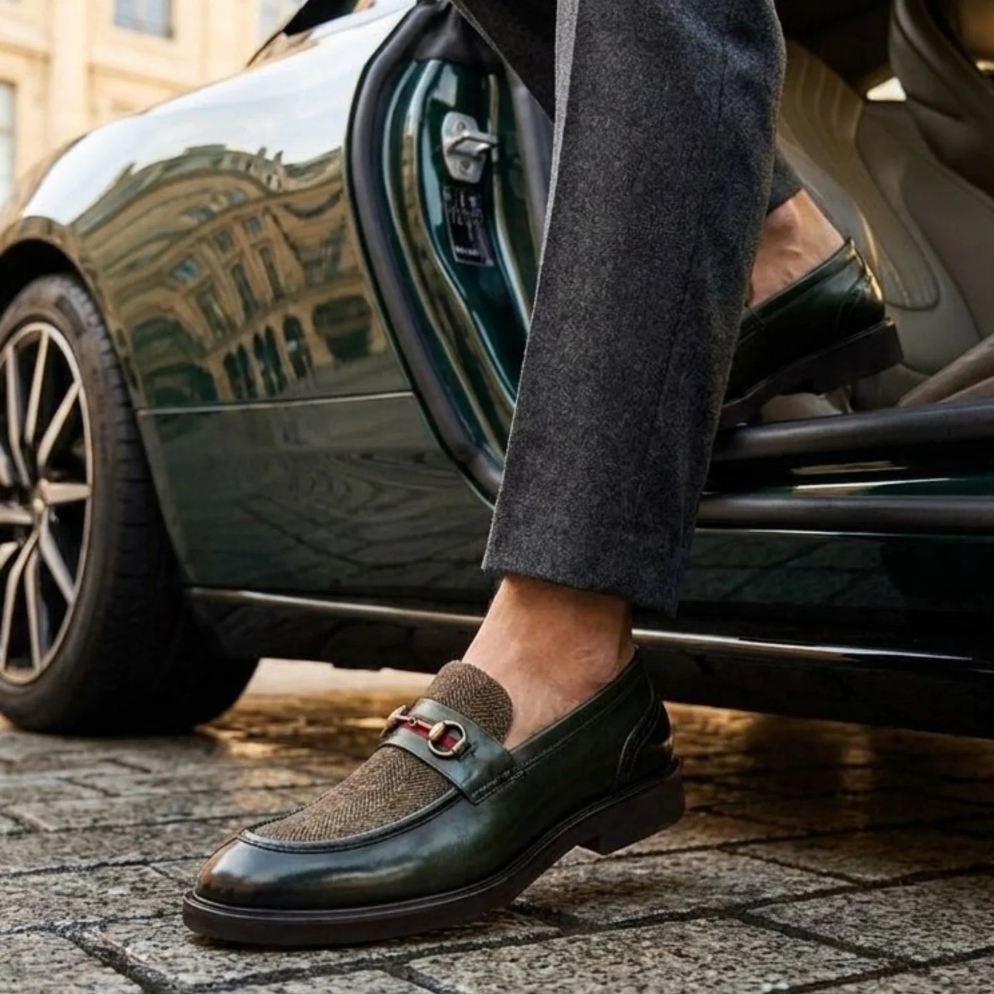 Tristian - Men's Green Leather Herringbone Tweed Loafers