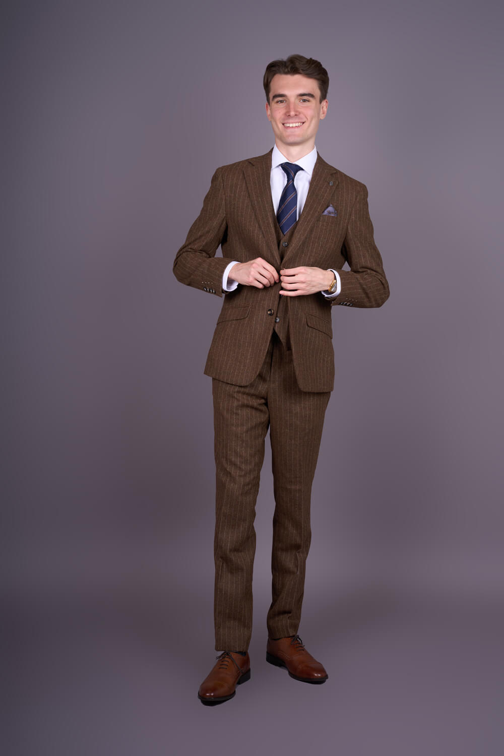 Men's Brown Pinstripe Slim Fit 3 Piece Suit