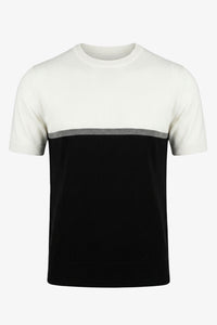 White and Black Colour Block Knitted T-Shirt for Men