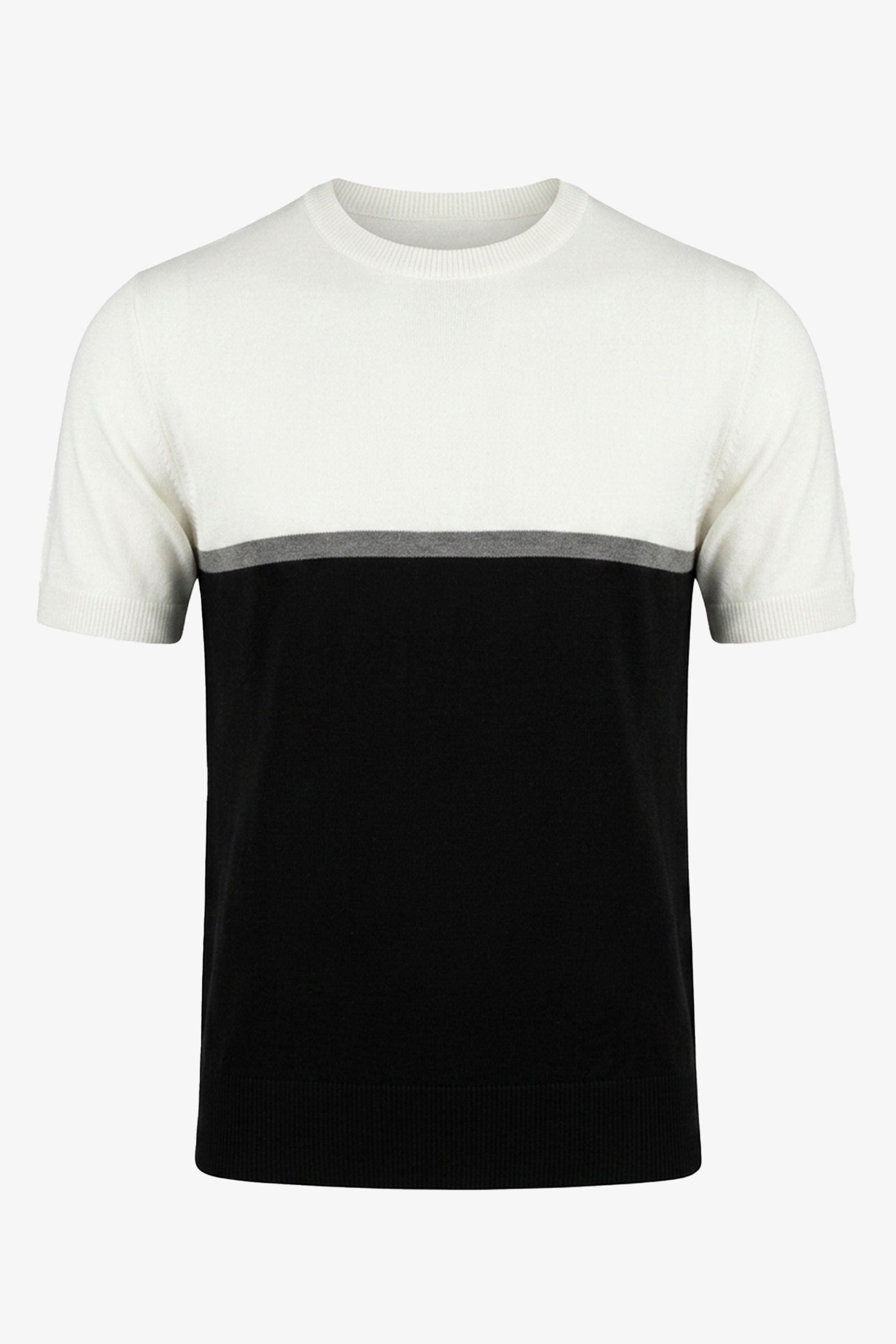White and Black Colour Block Knitted T-Shirt for Men