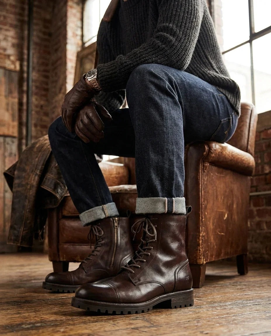 Willem - Men's Maroon Brown Leather Military Combat Boots