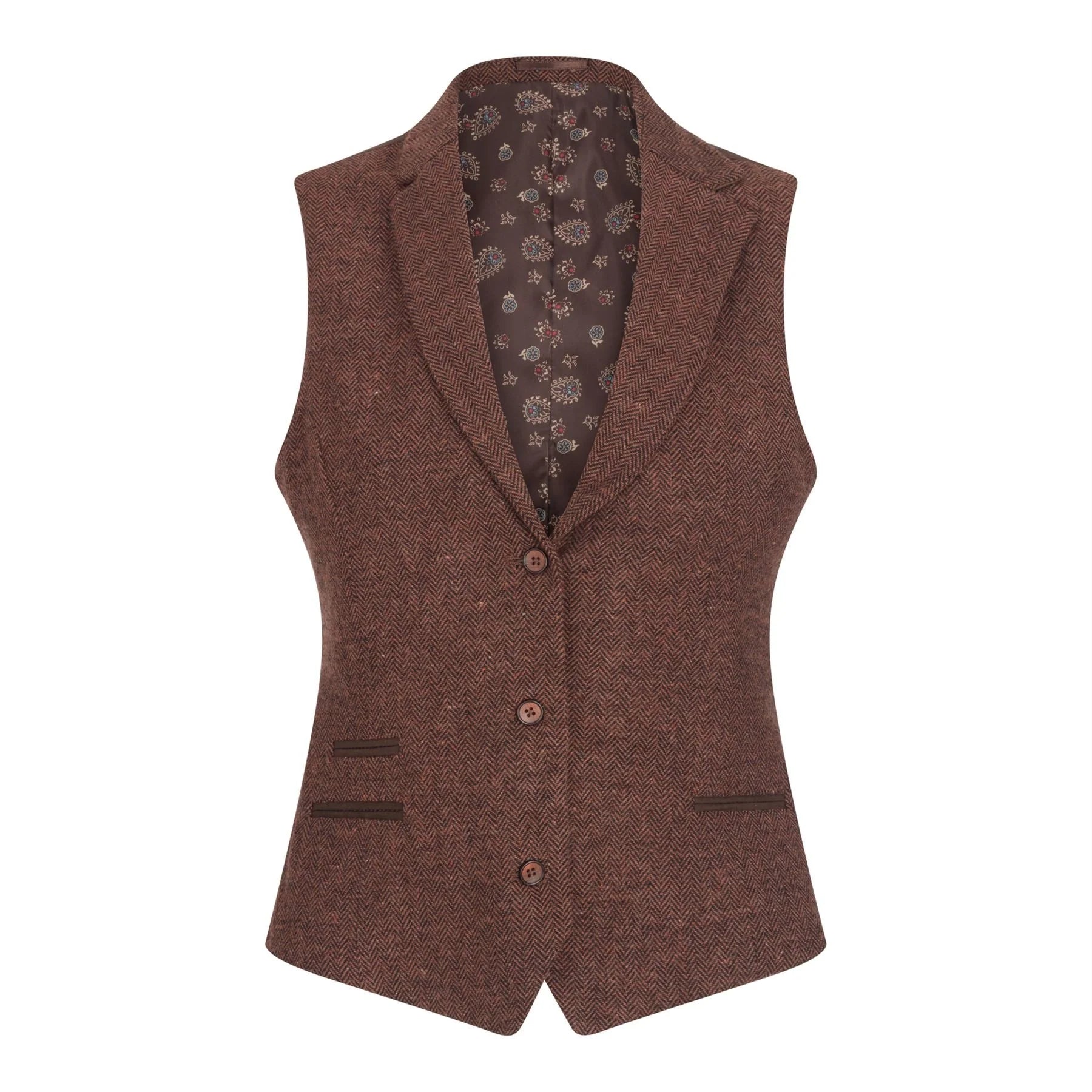 Brown textured vest with floral lining on a white background